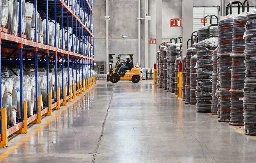 A forklift driving down a warehouse aisle between high racking and stacked coils.